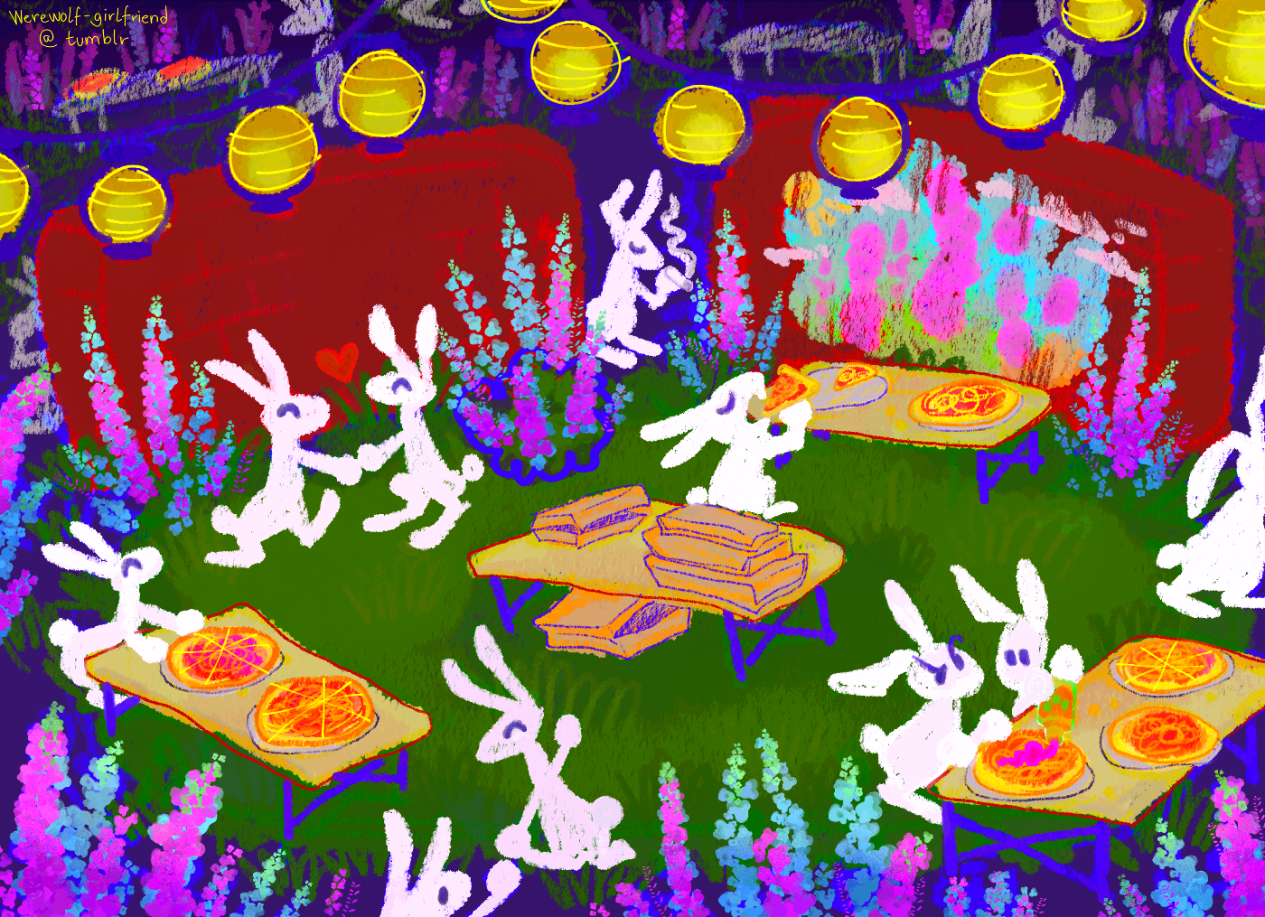 A colorful, crayon-like digital painting of several bunnies at a garden pizza party. Between the fold-out tables stand large bushes of purple-blue lupine flowers, and the bunnies mingle merrily.